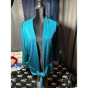 CHICO'S TRAVELERS Unlined Teal Jacket w Front Tie Peplum